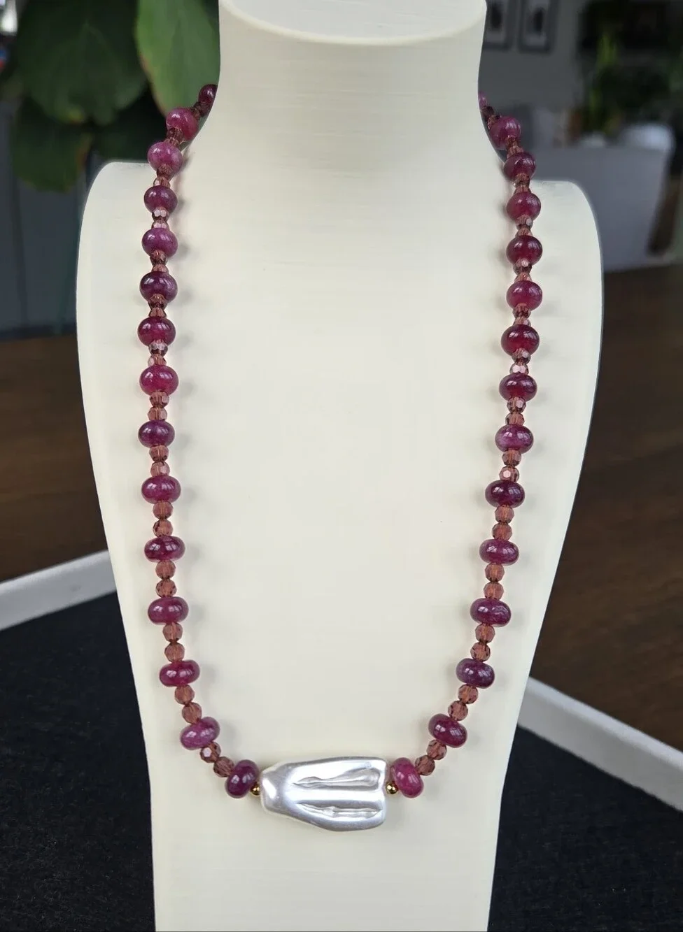 Handcrafted Semiprecious Purple Jade And Swarovski Pearl Pendant Necklace